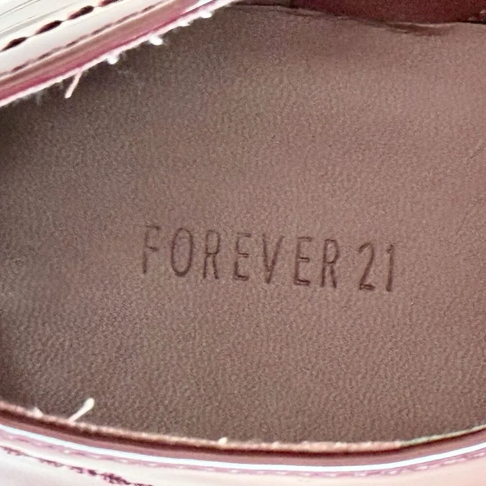 Forever 21 Women Oxford Sz 8 Burgundy Red Faux Patent Leather Lace Chunky Shoes